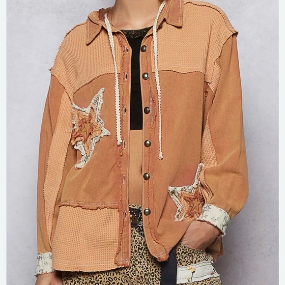 POL Mixed pattern Sienna star patchwork hood shirt jacket Shacket women’s small